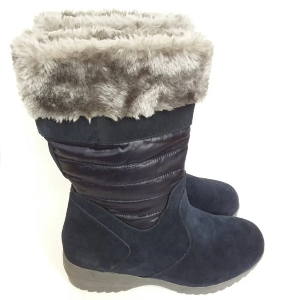 Lands' End Wide Width Faux Fur Topped Boots Pull-on Navy 7.5D